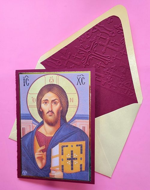 Greek Orthodox Christ icon handmade card, lined embossed envelope