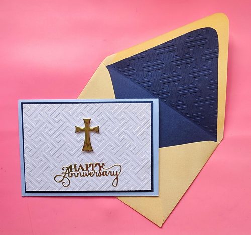 Happy Anniversary handmade card, lined embossed envelope