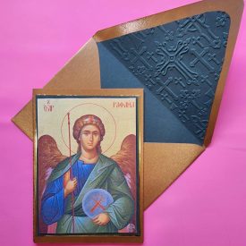 Greek Orthodox Archangel Rafael icon handmade card and lined envelope