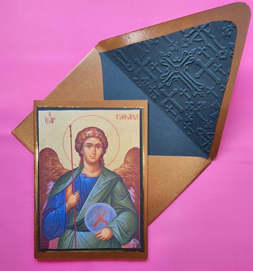 Greek Orthodox Archangel Rafael icon handmade card and lined envelope