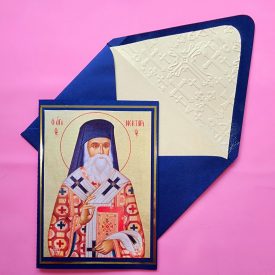 Greek Orthodox St Nektarios icon handmade card, lined embossed envelope