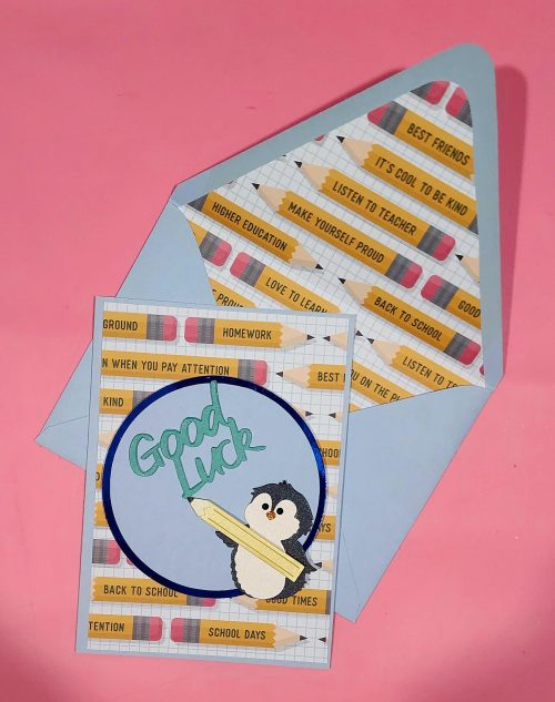 Good luck school handmade card, lined envelope