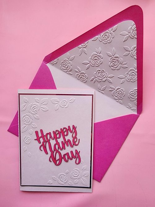handmade happy name day card, greek card, lined embossed envelope
