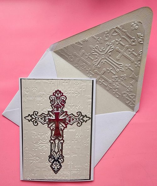 Religious, cross handmade card, embossed lined envelope