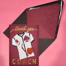 handmade thankyou baseball coach card, embossed, lined embossed envelope