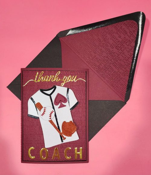 handmade thankyou baseball coach card, embossed, lined embossed envelope