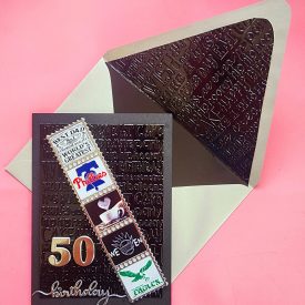 Handmade birthday card---"these are a few of my favorite things", with lined embossed envelope *personalize the color, age and each square