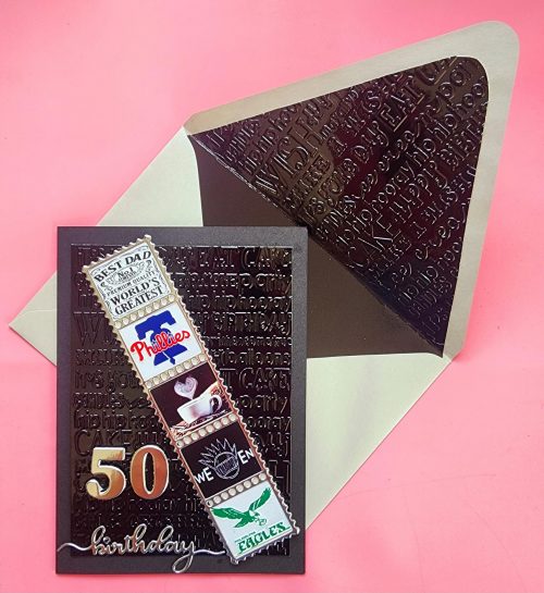 Handmade birthday card---"these are a few of my favorite things", with lined embossed envelope *personalize the color, age and each square