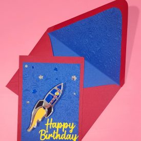 Happy birthday handmade card with lined embossd envelope (check out video of Rocket on 3D spring)