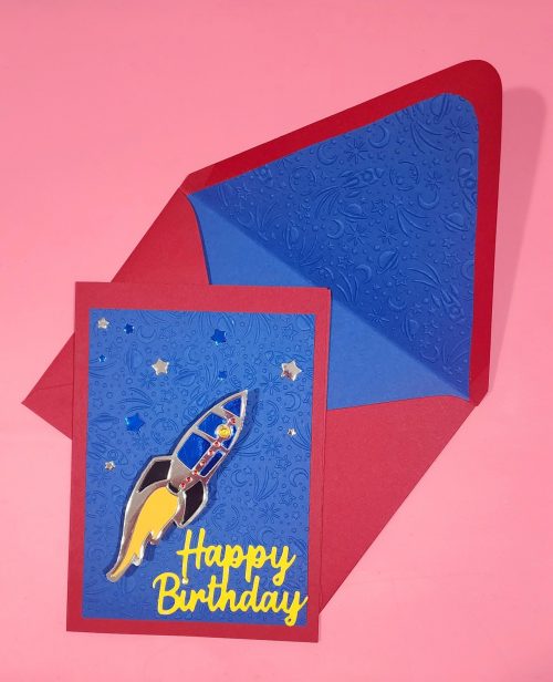 Happy birthday handmade card with lined embossd envelope (check out video of Rocket on 3D spring)