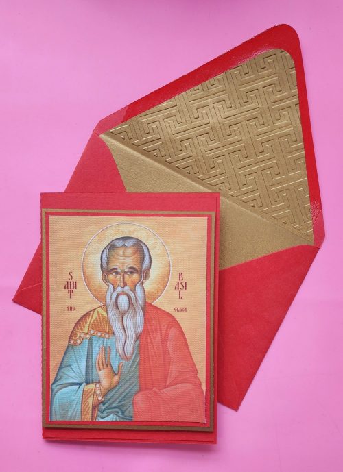 Greek Orthodox St Basil icon handmade card, lined embossed envelope