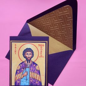 Greek Orthodox St Theodore icon handmade card, lined embossed envelope