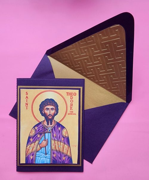 Greek Orthodox St Theodore icon handmade card, lined embossed envelope