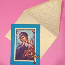 Greek Orthodox Panagia and Christos icon and lined embossed envelope