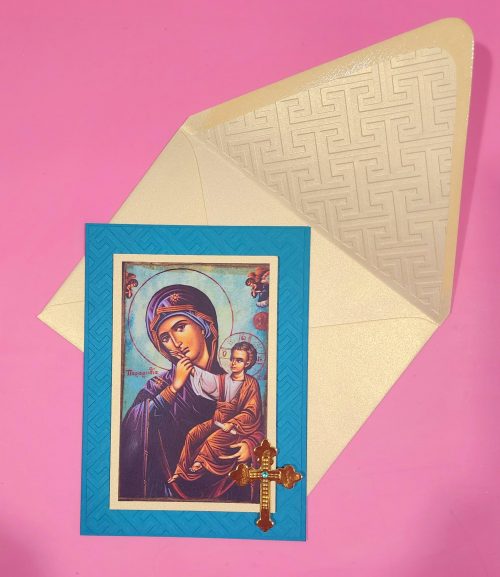 Greek Orthodox Panagia and Christos icon and lined embossed envelope