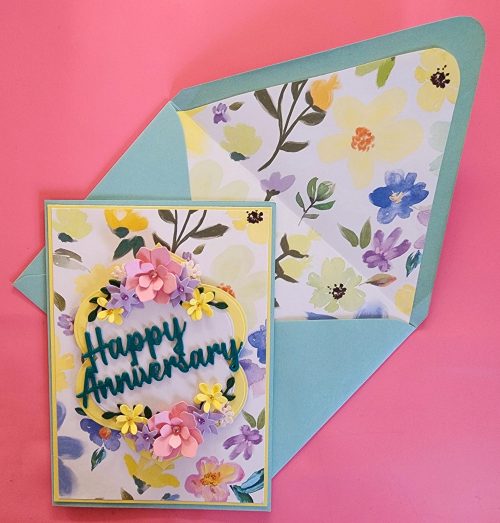 Happy Anniversary handmade card, lined envelope