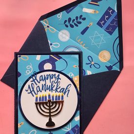 Happy Hanukkah greeting card, lined envelope