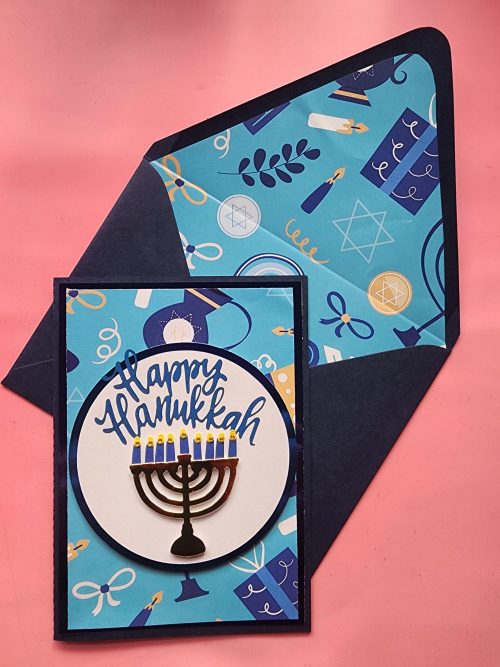 Happy Hanukkah greeting card, lined envelope