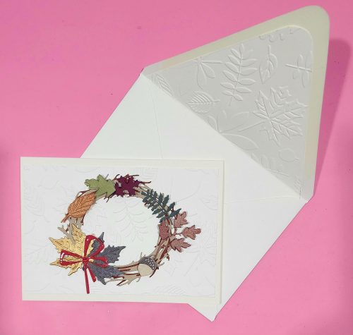 Autumn wreath handmade card, lined embossed envelope