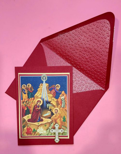 Greek Christmas Icon handmade card with wooden cross, lined embossed envelope