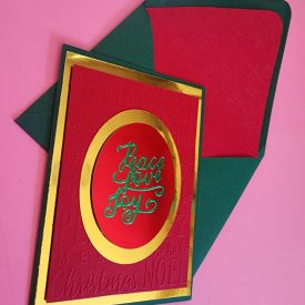 Peace, Love & Joy handmade greeting card, lined embossed envelope