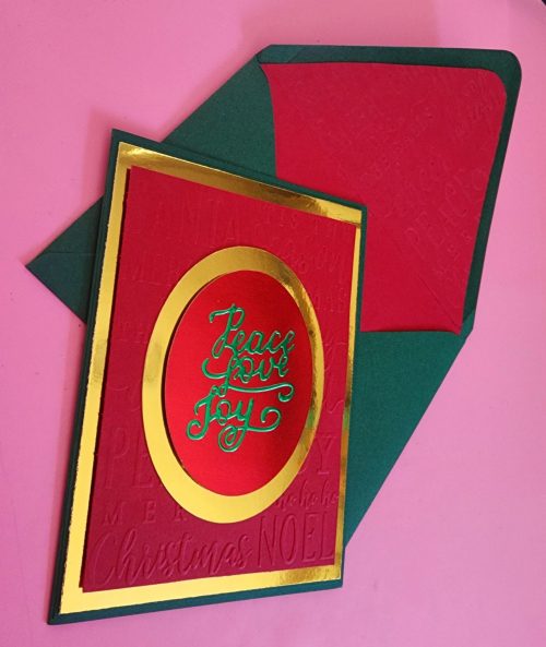 Peace, Love & Joy handmade greeting card, lined embossed envelope
