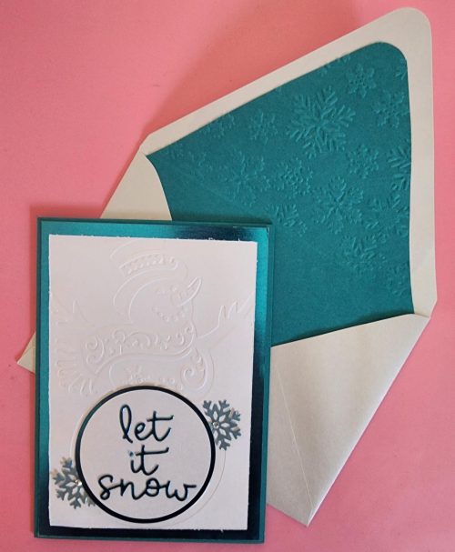 let it snow handmade snowman greeting card, lined embossed envelope
