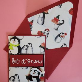 let it snow handmade greeting card with penguins, lined envelope