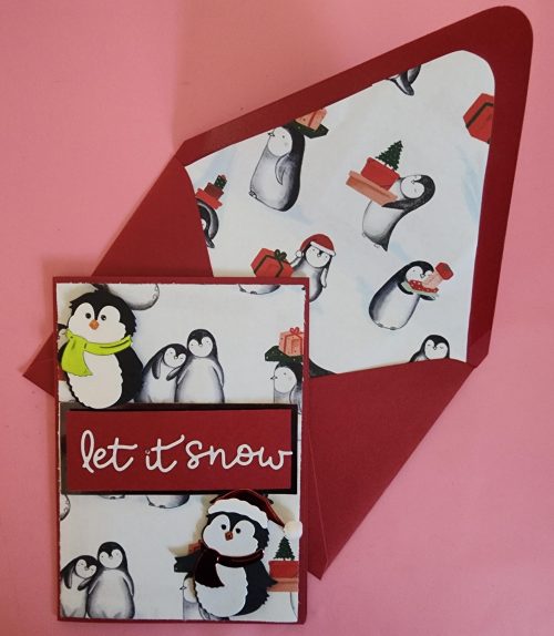 let it snow handmade greeting card with penguins, lined envelope