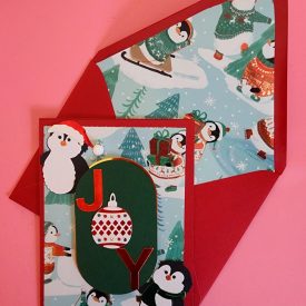 Joy---Christmas Greeting handmade card with penguins, lined envelope