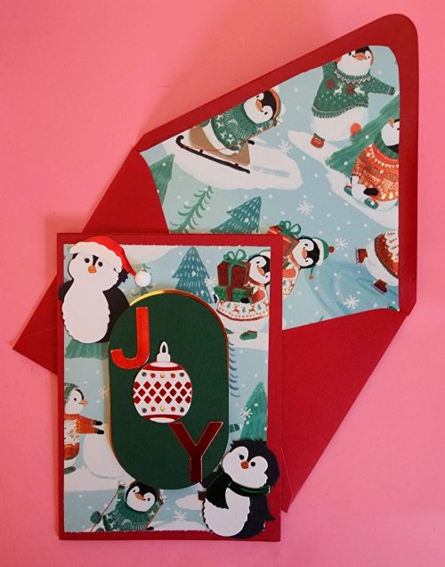 Joy---Christmas Greeting handmade card with penguins, lined envelope