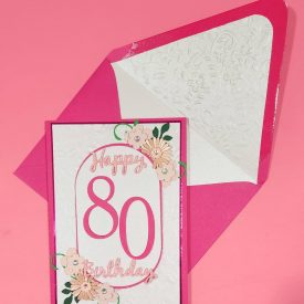 80th birthday card with flowers, lined embossed envelope