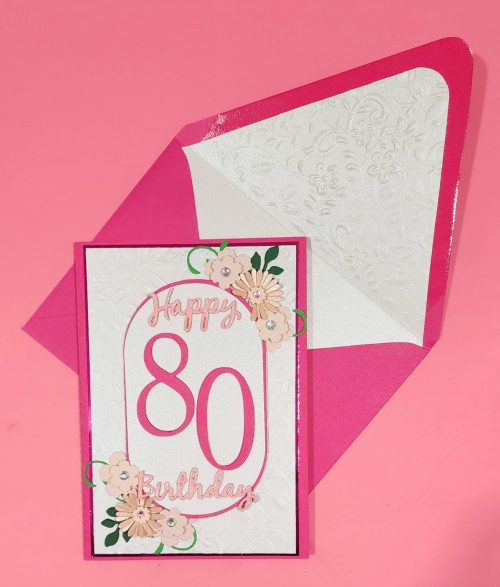 80th birthday card with flowers, lined embossed envelope