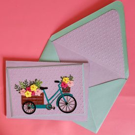 Bicycle with flowers handmade card, lined embossed envelope