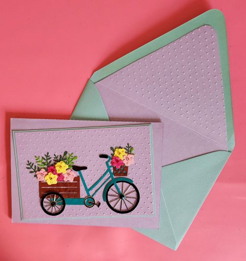 Bicycle with flowers handmade card, lined embossed envelope
