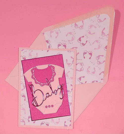 Baby girl handmade card, embossed, lined envelope