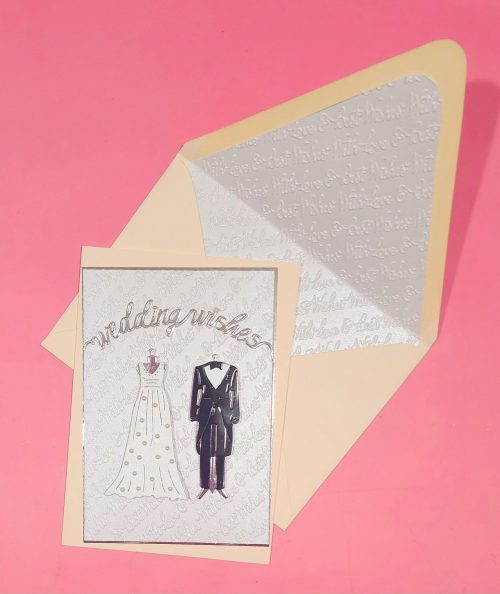 Wedding handmade card, wedding wishes with lined embossed envelope