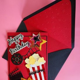 Happy Birthday Popcorn handmade card, lined embossed envelope
