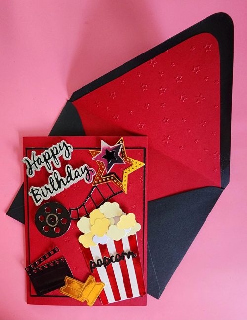 Happy Birthday Popcorn handmade card, lined embossed envelope