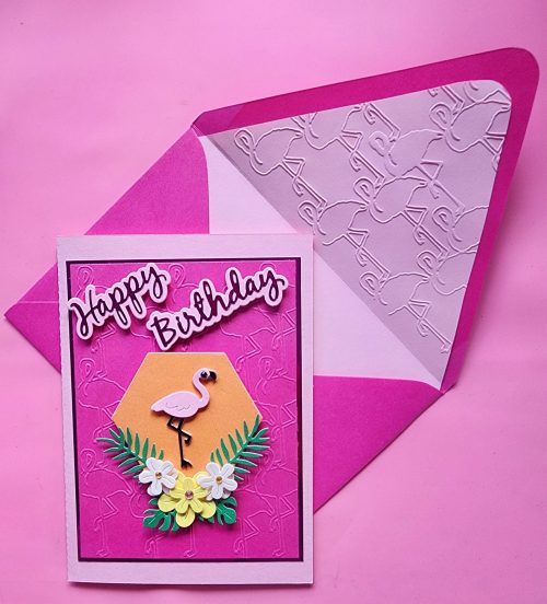 Happy birthday handmade card with lined embossed envelope