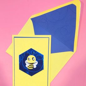 BEE handmade card with embossed background, BEE on wobble, lined embossed envelope
