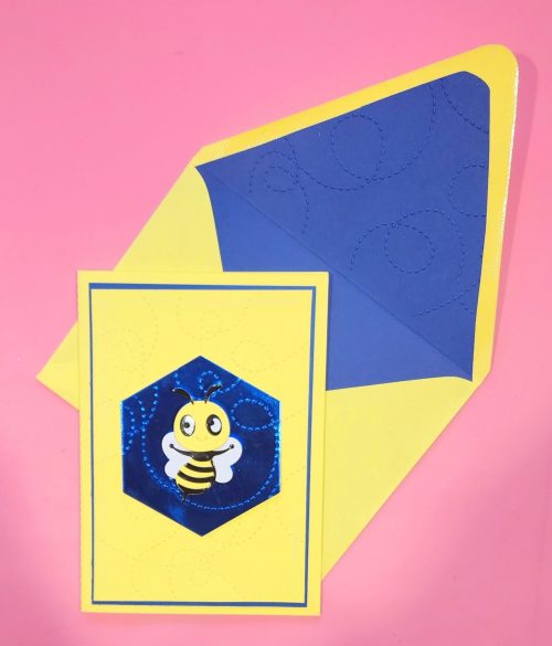 BEE handmade card with embossed background, BEE on wobble, lined embossed envelope