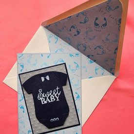 Baby boy handmade card, embossed, lined envelope