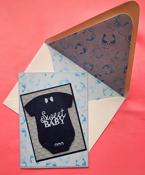 Baby boy handmade card, embossed, lined envelope