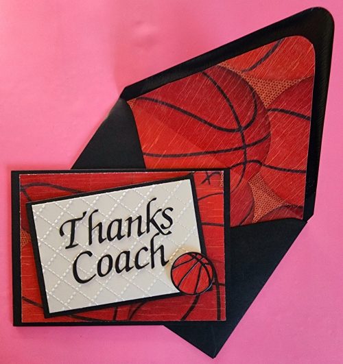 handmade thanks coach card, embossed, handmade envelope