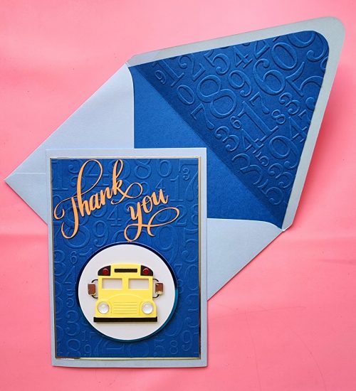 handmade thank you bus driver card, embossed, lined envelope