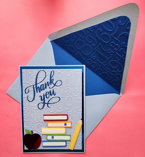 Handmade thank you card teacher, embossed, lined envelope