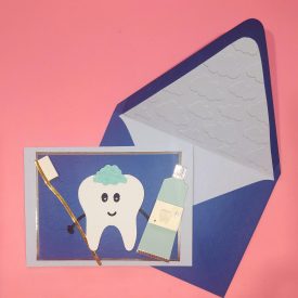 Tooth, toothpaste, and brush handmade card, lined embossed envelope