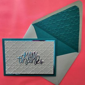 handmade thank you card, embossed lined envelope