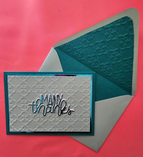 handmade thank you card, embossed lined envelope